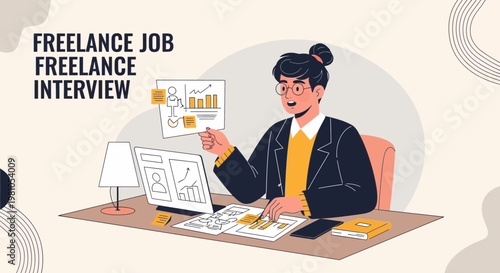 Freelance Job Interview: Woman Working Remotely with Laptop and Charts