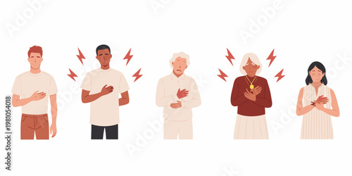 Diverse people experiencing chest pain and heart attack symptoms illustrated