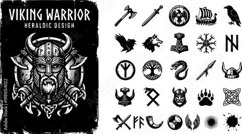 Viking Warrior Heraldic Logo Grunge Print Retro Photocopy Stipple Effect Viking Weapon Design Elements Norse Mythology Vector Illustration