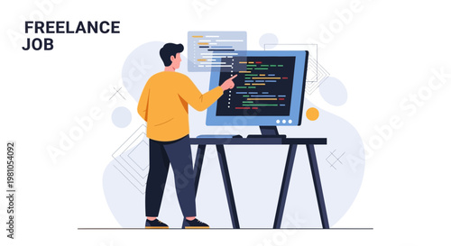 Freelance Programmer Working on Computer with Code, Remote Work Concept