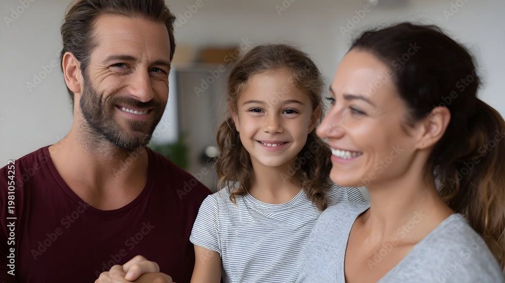 Obraz premium A portrait capturing a father mother and daughter sharing genuine smiles and warm connection in a bright modern indoor setting
