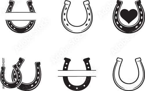 Set of Six Horseshoe Icons Bundle with Monogram Frame, Heart and Lucky Western Country Style Black Silhouette Vector