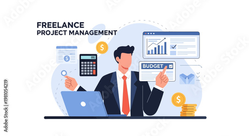 Freelance Project Management: Businessman managing budget, charts, and laptop