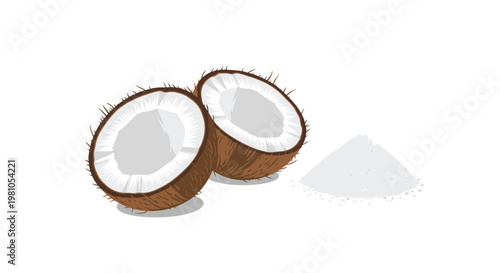 Two cracked brown coconut halves revealing fresh white meat are positioned beside a small mound of coconut flour on a white background in soft lighting.
