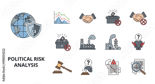 Political risk analysis icons global security, economic downturn, negotiation, trade barriers, industry, geopolitical uncertainty, legal framework, human resources, and market research