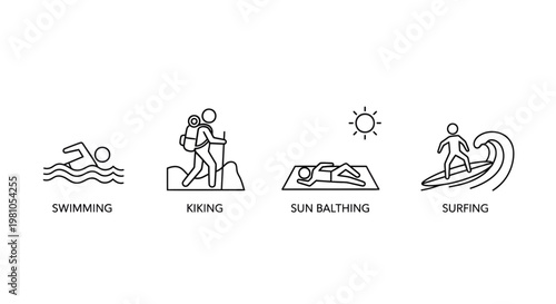 Collection of icons representing various outdoor leisure activities like swimming, hiking, sunbathing, and surfing