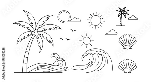A collection of beach and tropical elements, including a palm tree, waves, seashells, sun, and birds, depicted in a minimalist line art style