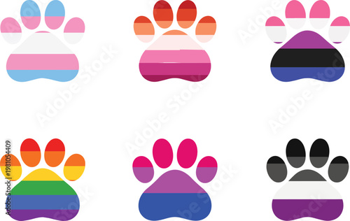 Pride Paw Print SVG Bundle - Set of Six Colorful LGBT Rainbow Flag Paw Icons with Transgender Lesbian Bisexual Asexual Gay Pride Colors