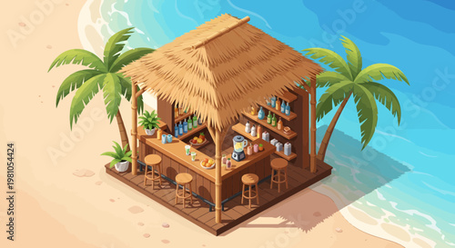 Tropical beach bar with palm trees and ocean waves, a vibrant and relaxing oasis