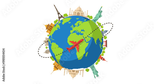 Explore the world with iconic landmarks and a plane flying around the globe, symbolizing global travel and adventure