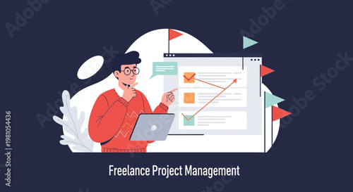 Freelance Project Management: Man Planning Tasks on Laptop with Digital Dashboard