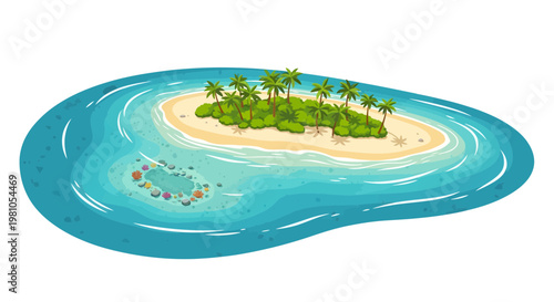 Tropical island paradise with palm trees and coral reef in crystal clear blue ocean water