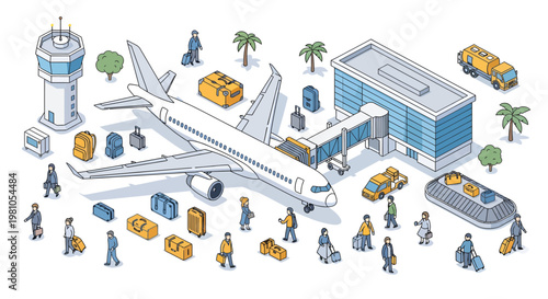 Airport isometric illustration featuring an airplane, terminal, control tower, baggage, and passengers