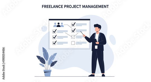 Freelance Project Management: Man presenting checklist on whiteboard, business concept illustration