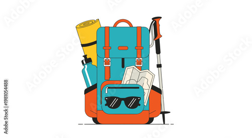 Backpack with hiking gear, sleeping mat, water bottle, map, and sunglasses, perfect for adventure and travel