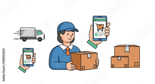 Online Shopping Delivery Service Vector Illustration of Courier Delivering Packages via Truck and Mobile App