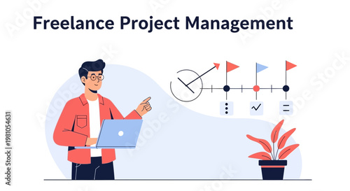 Freelance Project Management: Man with Laptop and Timeline Chart