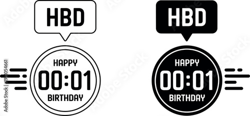 Birthday timer and happy birthday text icons in black and white