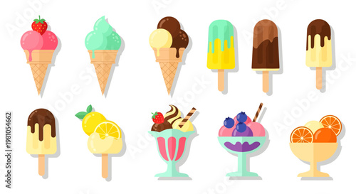 Delicious assortment of colorful ice cream cones and popsicles on a clean white background, perfect for summer treats and dessert promotions