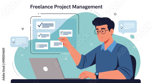 Freelance Project Management: Man with Laptop Organizing Tasks on Digital Board