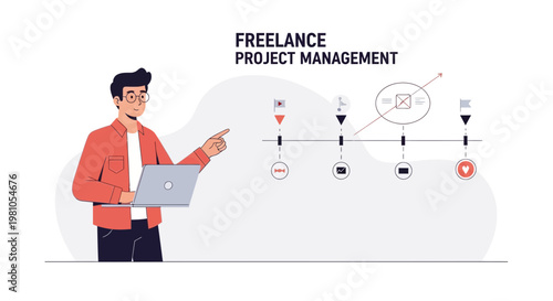 Freelance Project Management: Man with Laptop and Timeline