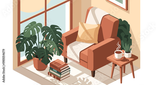Cozy isometric vector illustration of a comfortable armchair with house plants, books, and coffee.