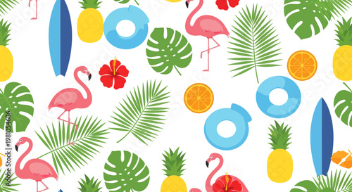 Vibrant Summer Pattern with Flamingos, Tropical Leaves, and Beach Accessories