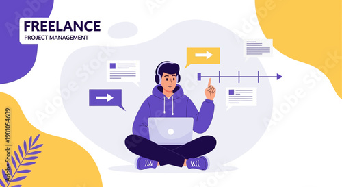 Freelance Project Management: Man with Laptop, Headphones, Timeline, and Chat Bubbles