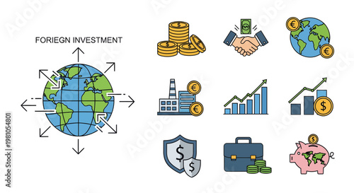 Global Business and Foreign Investment Icon Set Finance, Growth, and Opportunities