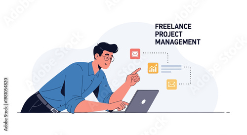Freelance Project Management: Man Working on Laptop with Digital Workflow Icons