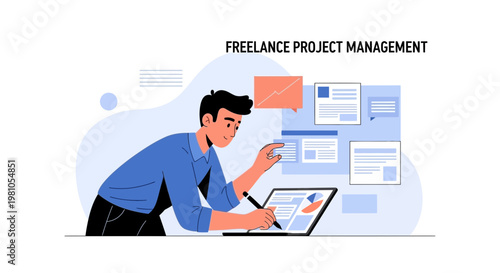 Freelance Project Management: Man working on laptop with project boards and charts