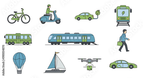 Collection of diverse transportation icons, showcasing sustainable and traditional travel options for modern mobility concepts