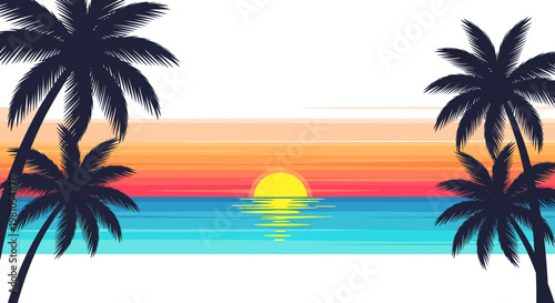 Sunset over the ocean with palm trees and vibrant colors