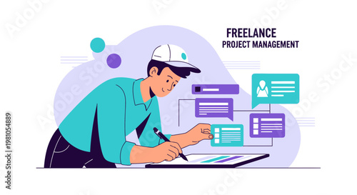 Freelance Project Management: Man working on tablet with communication icons