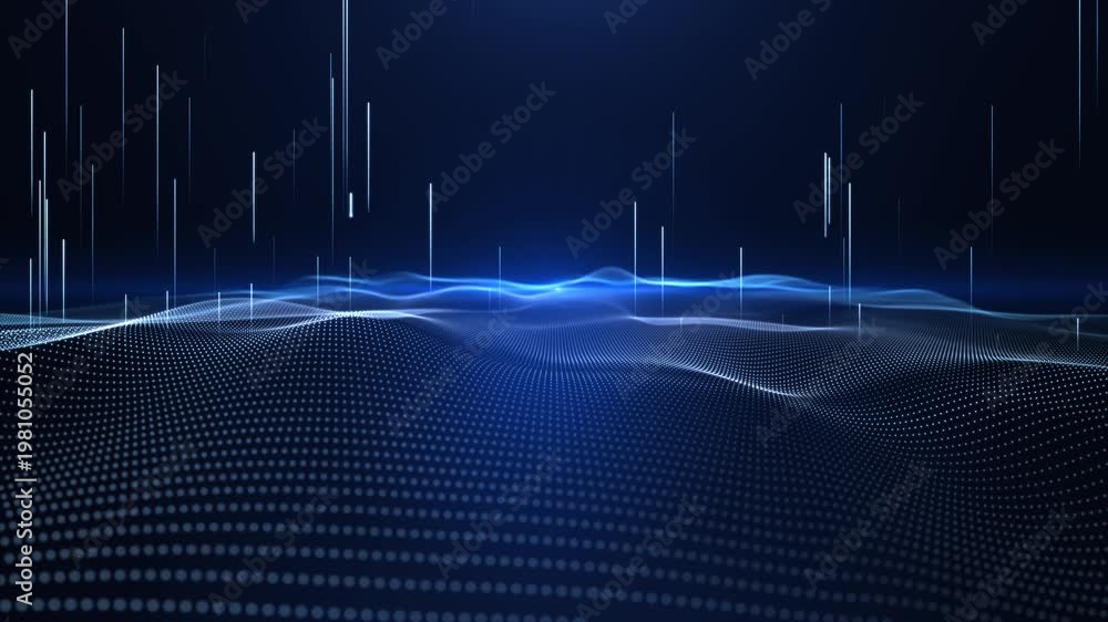 Blue digital landscape with data grid and falling lines, seamless loop ...
