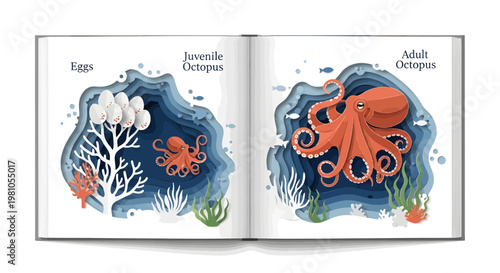 Detailed comparison of Octopus life stages Eggs, Juvenile, and Adult Octopus showcased in layered paper-cutout style illustration