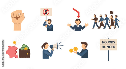 Social unrest and economic hardship depicted through symbolic illustrations showing protest, poverty, and financial struggle