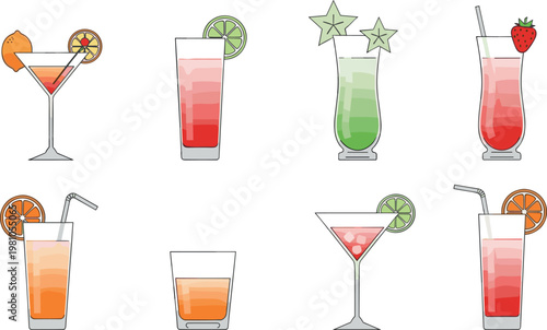 Colorful Cocktail Drinks Icon Set with Fruit Garnishes, Refreshing Beverages, and Summer Party Themes for Digital Design