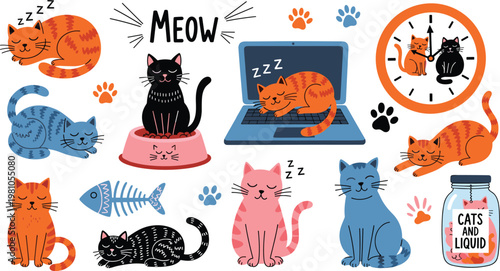 Funny Hand Drawn Domestic Cat Vector Illustration Set Featuring Sleeping Cats on Laptops, Cute Kittens, Paw Prints, and Playful Pet Lifestyle Elements for Design