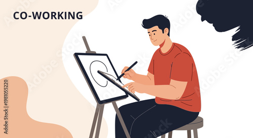 Artist drawing on tablet in co-working space, creative workspace concept