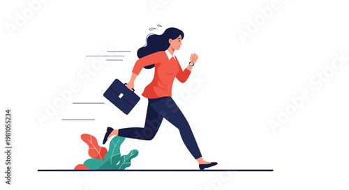 Energetic young businesswoman in an orange shirt and dark pants running quickly with a black briefcase in her hand.