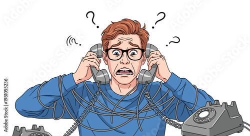 Overwhelmed man with glasses holding multiple telephone receivers with tangled wires around his head in a state of panic.
