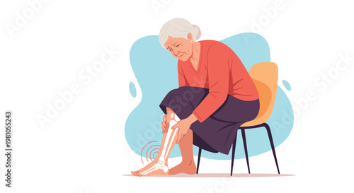 Senior woman sitting on a chair and holding her aching leg with a visible bone diagram indicating pain or injury.