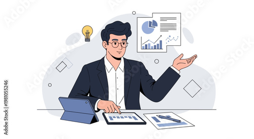 Business analyst presenting financial data charts on tablet, idea bulb, graphs