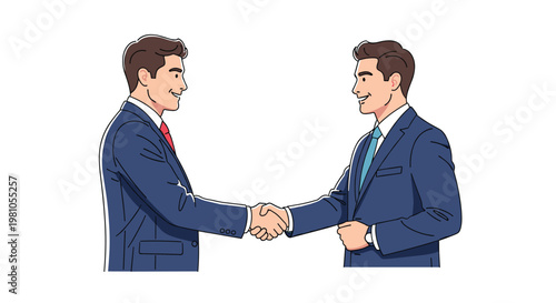 Professional businessmen in dark suits shaking hands against white background representing successful deal or partnership.