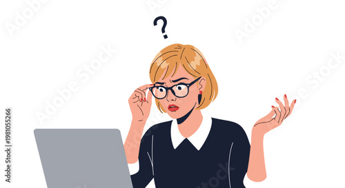 Confused young woman with glasses looking at laptop screen with question mark above her head indicating technical problem.