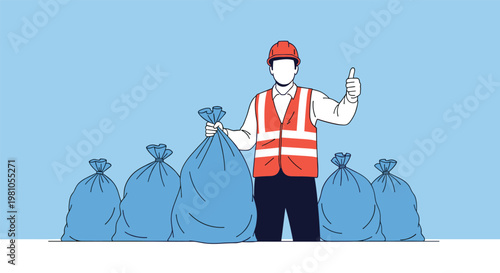 Male sanitation worker in orange safety vest and hard hat standing behind blue waste bags giving a positive thumbs up sign.