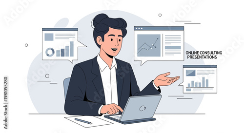 Business consultant presenting online charts and graphs on laptop, remote work concept