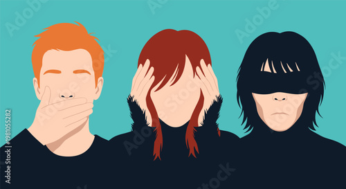 Three stylized figures depicting the three wise monkeys proverb by covering their mouth ears and eyes on a solid teal background.