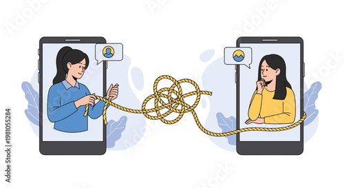 Two women on smartphone screens working together to untangle a large knot in a rope symbolizing remote problem solving and communication.